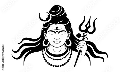 Lord Shiva Meditating Face Holding a Trishula (Trident), Traditional Hindu God Black and White Icon with Crescent Moon and Third Eye