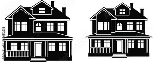 Two black silhouette houses with similar design and architectural details