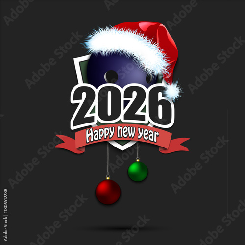 Happy new year 2026. Bowling logo template design. Bowling ball in santa hat. Design pattern for greeting card, banner, poster. Vector illustration on isolated background