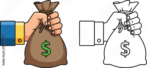 Hand holding a money bag color and outline versions shown