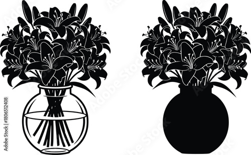 Elegant black and white illustration of two lily bouquets in vases