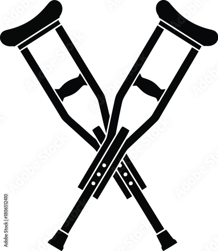 A simple black and white illustration depicting a pair of crossed crutches