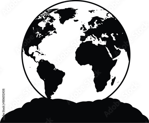 A monochrome illustration of planet earth resting upon a dark abstract shape