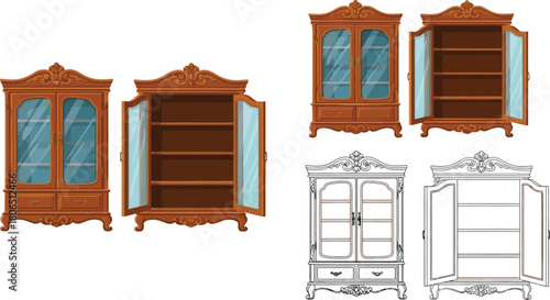 Detailed illustration of antique wooden cabinets and display cases in varying styles