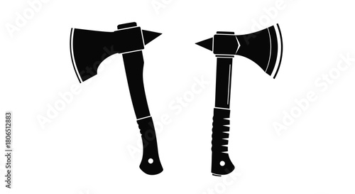 Two black silhouettes of axes a lumberjack tool against a white background