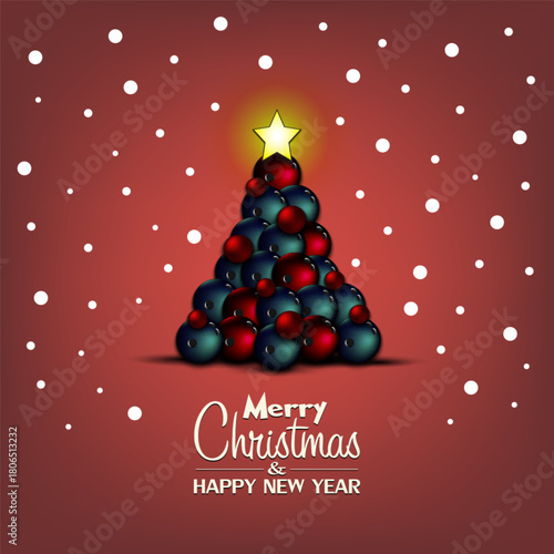 Merry Christmas and Happy New Year. Christmas tree made of bowling balls. Snowflakes on the background. Greeting card design template with for new year. Vector illustration