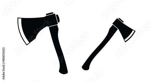 Two black silhouette axes against a plain white background simple design
