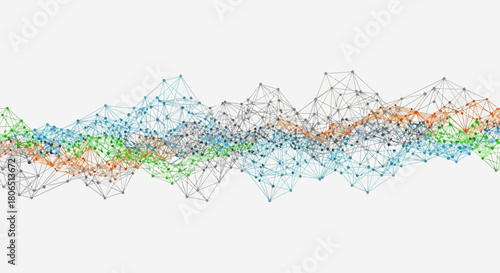 Complex network visualization with interconnected nodes and dynamic data flow representing
