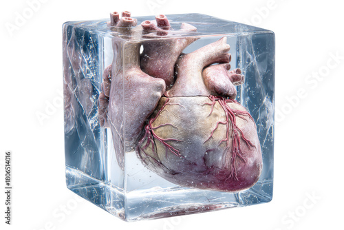 Frozen Heart Anatomic Model Encased in Ice Cube on Isolated Background