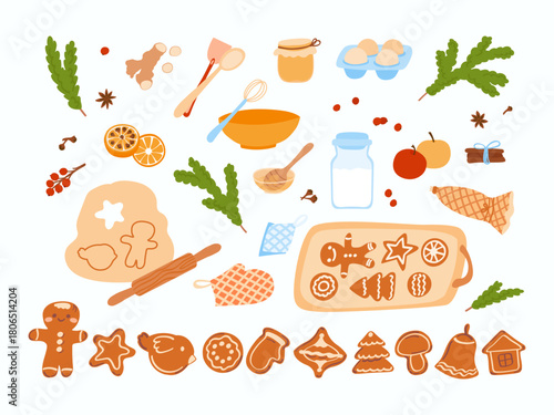 Christmas baking elements isolated on white. Preparing for the winter holidays, home baking in winter. Gingerbread cookies, ingredient cooking, decoration. Vector illustration set.