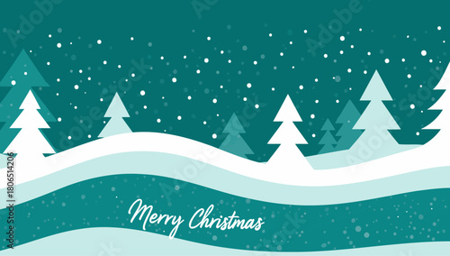 Winter landscape with snow covered fir trees and festive greeting text