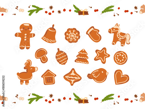Homemade gingerbread cookies of various shapes. Christmas sweet pastries, delicious New Year  biscuits food. Hand drawn vector illustration.