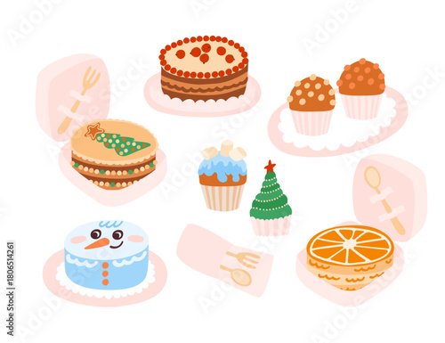 Bento cake set. Small sweets in boxes, sugar confectionery,  myffins and cupcakes, mini pastry. Christmas party in ofice. Hand drawn vector illustration isolated on white.