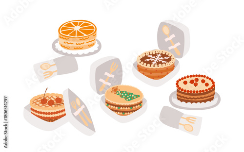 Christmas bento cake set. Small sweets in boxes, sugar confectionery, mini pastry. For one person. Hand drawn vector illustration isolated on white.