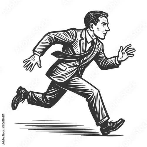 worried businessman running frantically with briefcase, symbolizing urgency, deadlines, or panic sketch engraving generative ai fictional character vector illustration. Scratch board. Black and white.