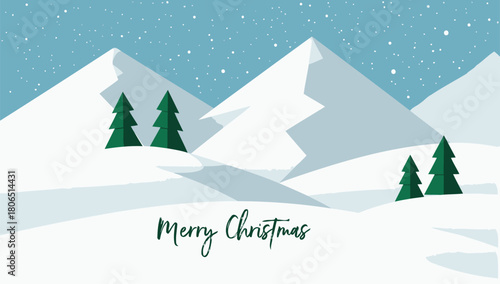 A beautiful winter landscape with snow covered mountains and green fir trees wishing merry christmas