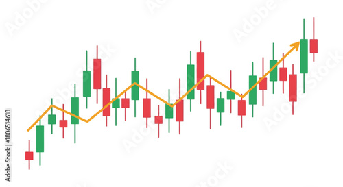 Illustrated candlestick chart showing an upward trend in financial markets and economic growth
