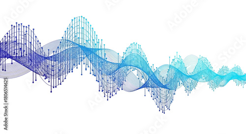 Abstract blue wave with digital connection points against a white backdrop