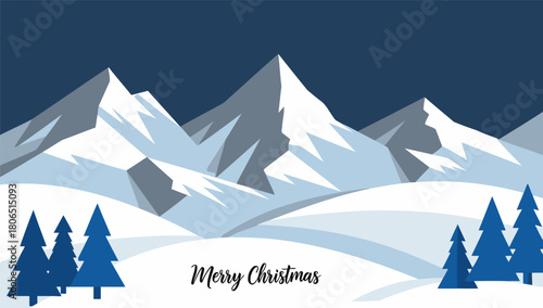 A serene winter landscape with majestic snow-capped mountains and evergreen trees under a dark blue sky