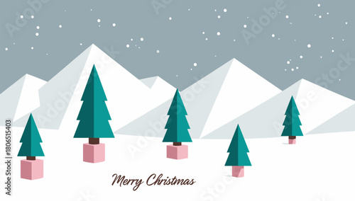 Winter landscape with evergreen trees and gift boxes for holiday season