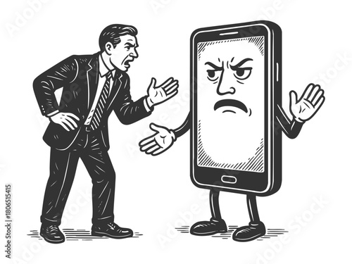 businessman angrily confronting smartphone, symbolizing tech frustration, digital stress, and device dependency sketch engraving generative ai vector illustration. Scratch board. Black and white.