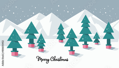 A festive winter landscape with evergreen trees and gift boxes under falling snow for christmas celebration