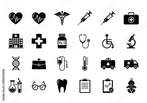 Comprehensive collection of minimal black glyph icons representing healthcare, medicine, and scientific concepts isolated on a white background