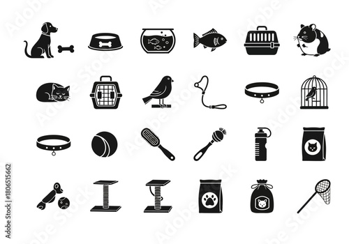 Monochrome glyph collection representing pet store supplies, domestic animals, and veterinary care products