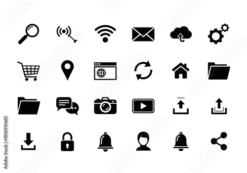 A collection of essential black glyph icons for web design, user interface development, and mobile applications