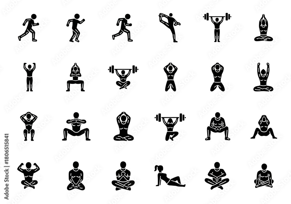 Naklejka premium A comprehensive set of solid black glyph icons depicting various fitness activities, including yoga, weightlifting, running, and meditation for a healthy lifestyle