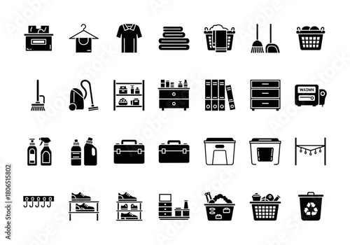 Minimal silhouette icon set for home organization, cleaning, and laundry. Vector symbols for household chores and storage solutions. min (229)