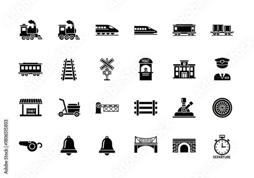 A comprehensive collection of monochrome train and railway vector icons. A set of simple glyphs representing public transport, travel, and station elements