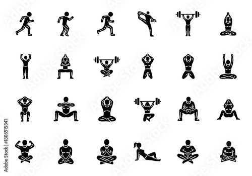 A comprehensive set of solid black glyph icons depicting various fitness activities, including yoga, weightlifting, running, and meditation for a healthy lifestyle