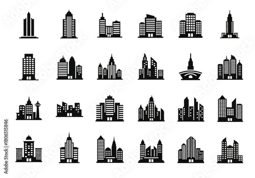 A versatile collection of black and white city building icons, featuring various modern architectural silhouettes and skyscraper designs for urban development projects