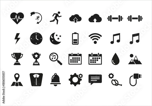 Minimalist glyph icon set for fitness and health tracking applications, featuring symbols for activity, sleep, and wellness monitoring