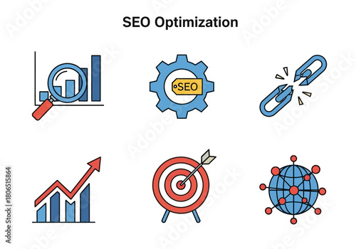 A set of colorful flat line vector icons representing digital marketing and search engine optimization strategy