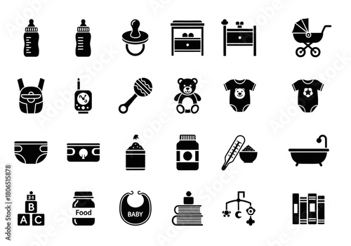 Minimalist collection of baby care and newborn essentials glyph icons. Vector set for childcare, parenting, and infant products