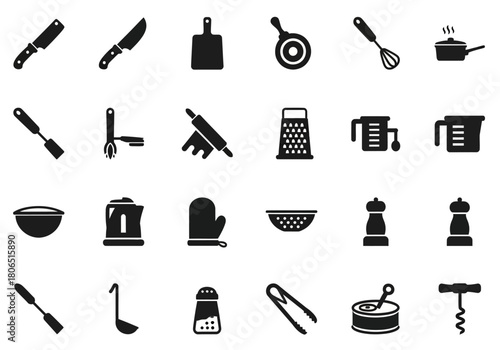 Collection of minimal black glyph icons representing various kitchen utensils and cooking tools for food preparation, isolated on a white background