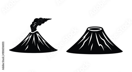 Two black silhouette volcano icons one erupting with smoke and lava