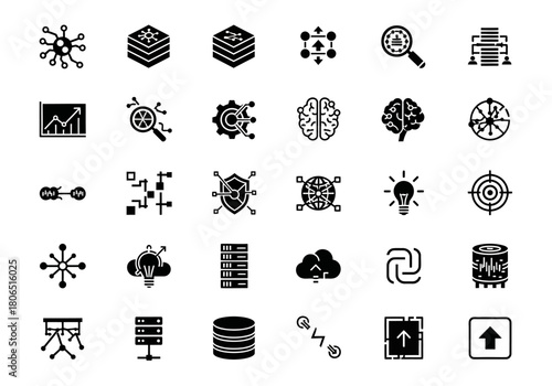 Minimalist glyph icon set representing concepts of data science, machine learning, and artificial intelligence technology