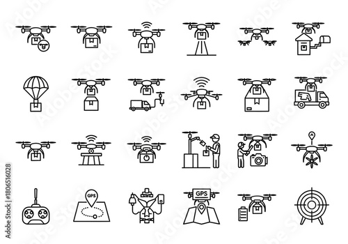 Drone delivery service icon set. Collection of line art symbols for unmanned aerial vehicle logistics and package transport. Minimal vector pictograms