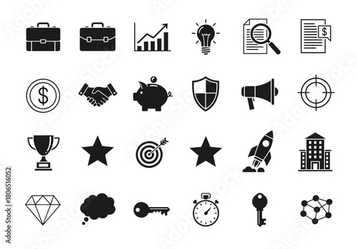 Minimalist vector icon collection for business, finance, and marketing. Flat glyph symbols representing strategy, success, and startup concepts