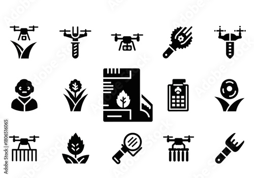 Minimalist glyph icon set for smart farming and agritech, featuring drones, crop monitoring, and agricultural innovation