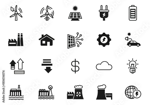 Power and energy generation vector icon set with factory, renewable sources, and industrial technology symbols