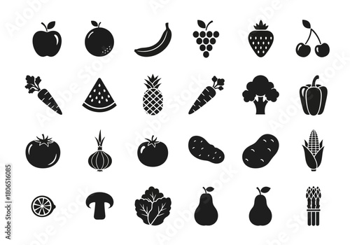 Comprehensive set of black minimalist icons featuring fruits and vegetables for healthy food, nutrition, and diet concepts