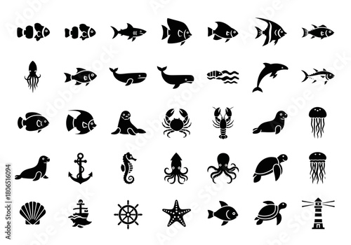 A comprehensive set of minimalist black silhouette icons depicting various sea animals, marine life, and nautical symbols for design