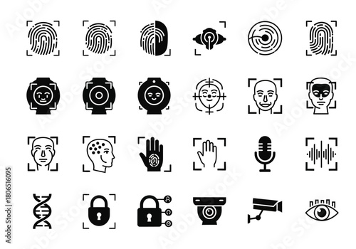 Biometric Identification and Digital Security Technology Vector Glyph Icon Set