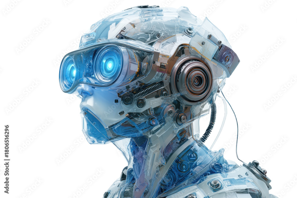 Fototapeta premium Futuristic humanoid robot with glowing blue eyes wearing clear helmet on transparent background