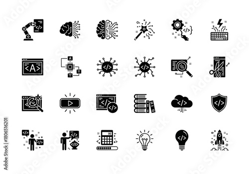 Set of solid glyph icons for software development, programming, artificial intelligence, and technology concepts