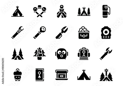 Creative set of solid glyph icons featuring diverse elements such as camping tents, mechanic tools, robots, and fantasy symbols